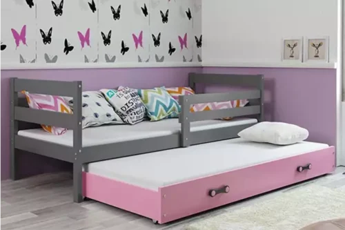 ERYK 80X190 youth folding bed with mattress and drawer, graphite/pink