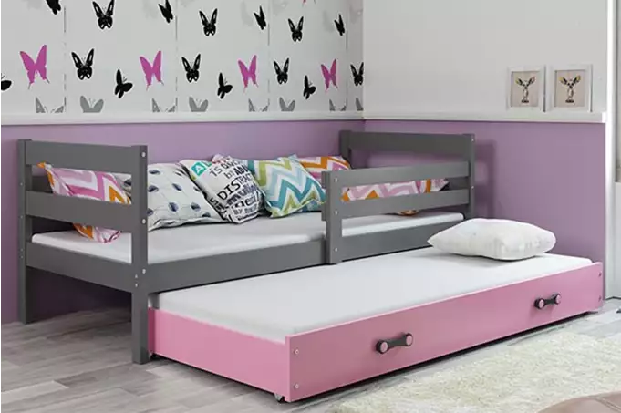 ERYK 80X190 youth folding bed with mattress and drawer, graphite/pink