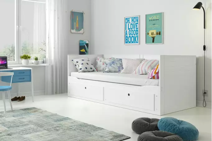 HERMES 80X200 youth double folding bed with mattress and drawer, white