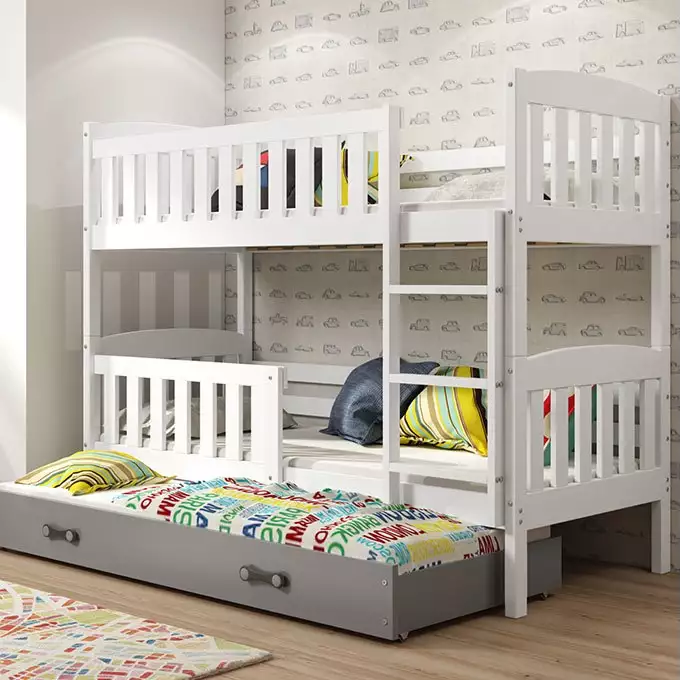 KUBUŚ three-person youth bed 90X190 with drawer, white/graphite color