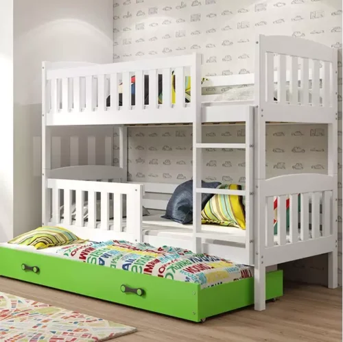 KUBUŚ three-person youth bed 90X190 with mattress and drawer, white/green