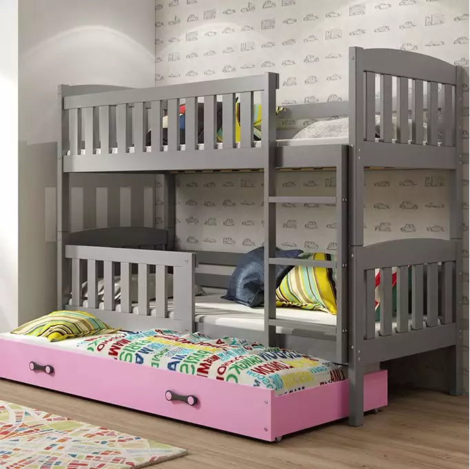 KUBUŚ 3-person youth bed 90x200 with drawer, graphite/pink
