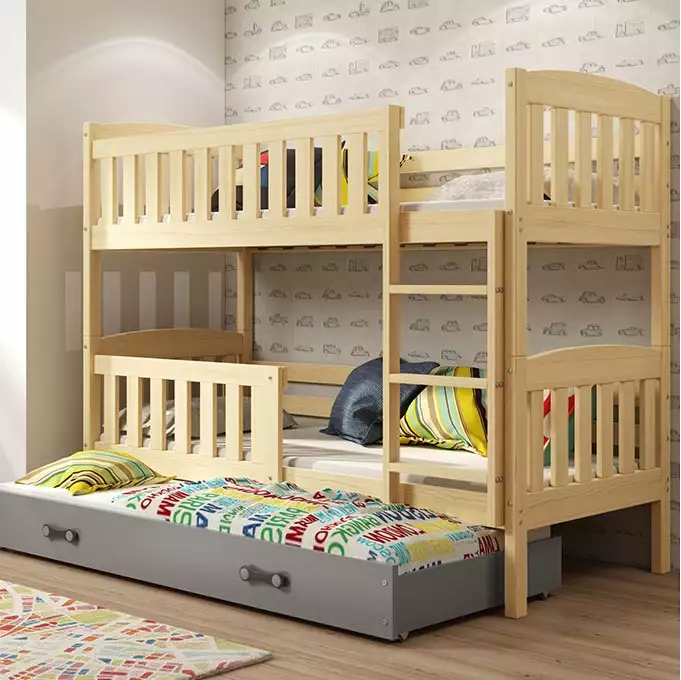 KUBUŚ 90X200 three-person youth bed with mattress and drawer, pine/graphite