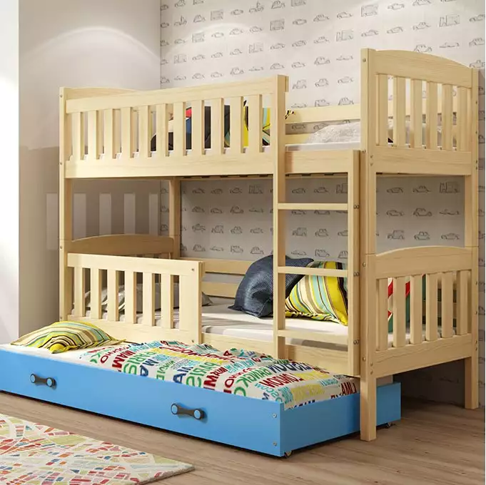 KUBUŚ 3-person youth bed 90x200 with drawer, pine/blue