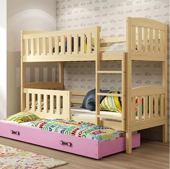 KUBUŚ 3-person youth bed 90x200 with mattress and drawer, pine/pink