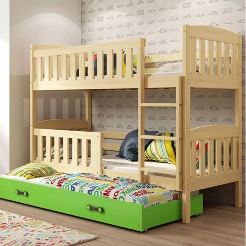 KUBUŚ three-person youth bed 90X190 with mattress and drawer, pine/green