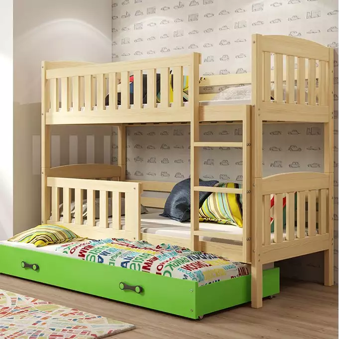KUBUŚ three-person youth bed 90X190 with drawer, pine/green