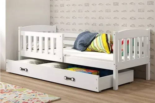 KUBUŚ single youth bed 90×190 with mattress and drawer, white