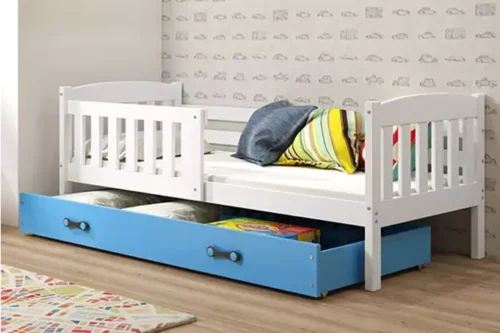 KUBUŚ single youth bed 90×200 with drawer, white/blue