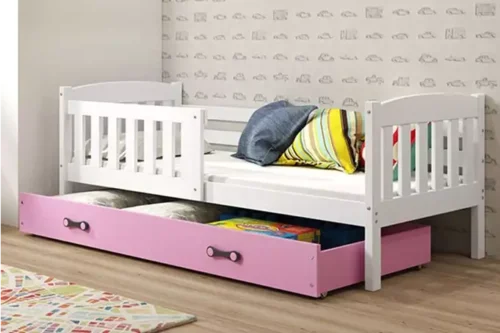 KUBUŚ single youth bed 90×190 with mattress and drawer, white/pink