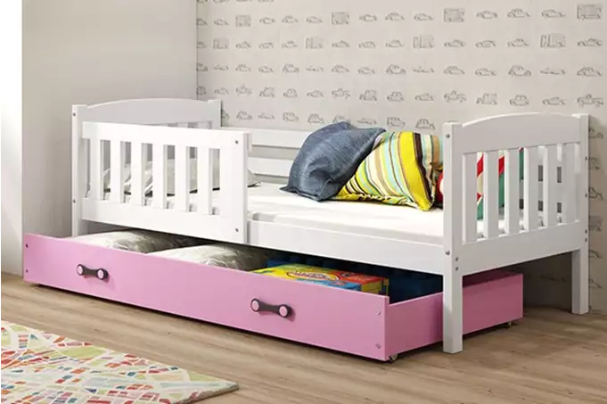KUBUŚ single youth bed 90x200 with drawer, white/pink