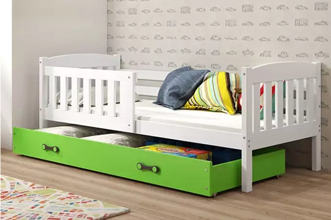 KUBUŚ single youth bed 90x190 with mattress and drawer, white/green