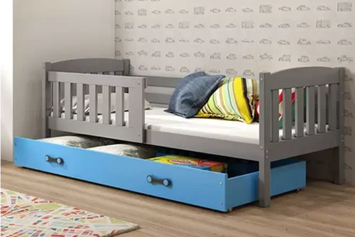 KUBUŚ single youth bed 90×190 with drawer, graphite/blue