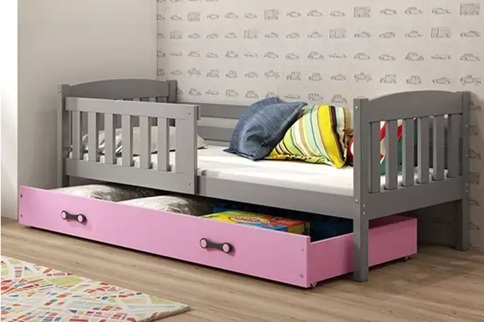 KUBUŚ single youth bed 90x190 with drawer, graphite/pink