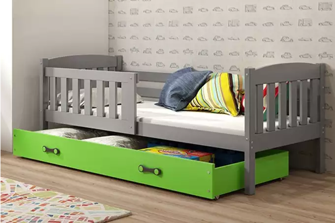 KUBUŚ single youth bed 90x200 with drawer, graphite/green