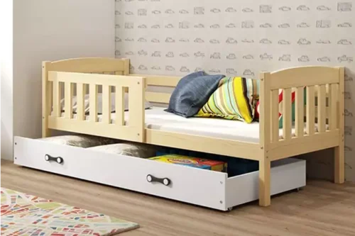 KUBUŚ single youth bed 90×190 with mattress and drawer, pine/white