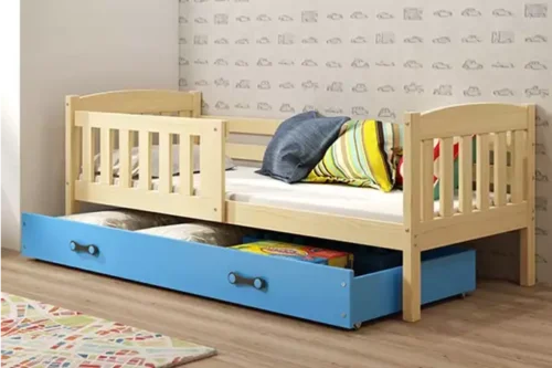 KUBUŚ single youth bed 90×190 with mattress and drawer, pine/blue
