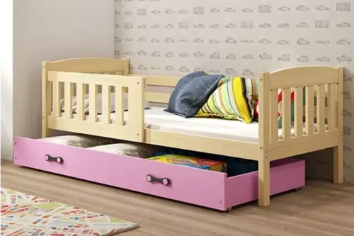 KUBUŚ single youth bed 90×190 with drawer, pine/pink