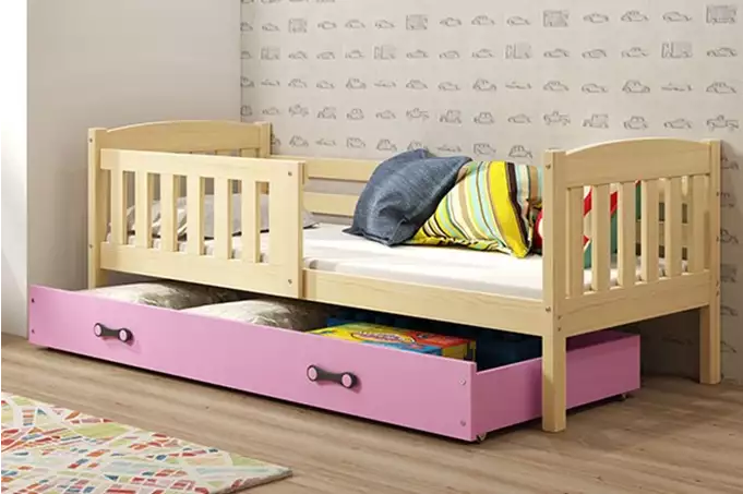 KUBUŚ single youth bed 90x190 with drawer, pine/pink