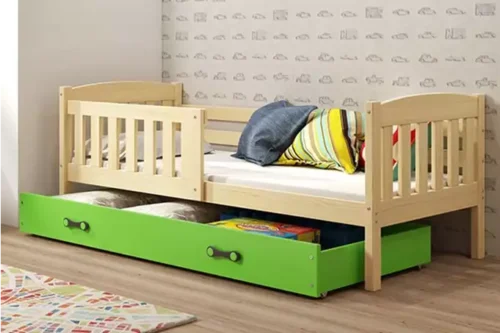 KUBUŚ single youth bed 80×190 with drawer, pine/green