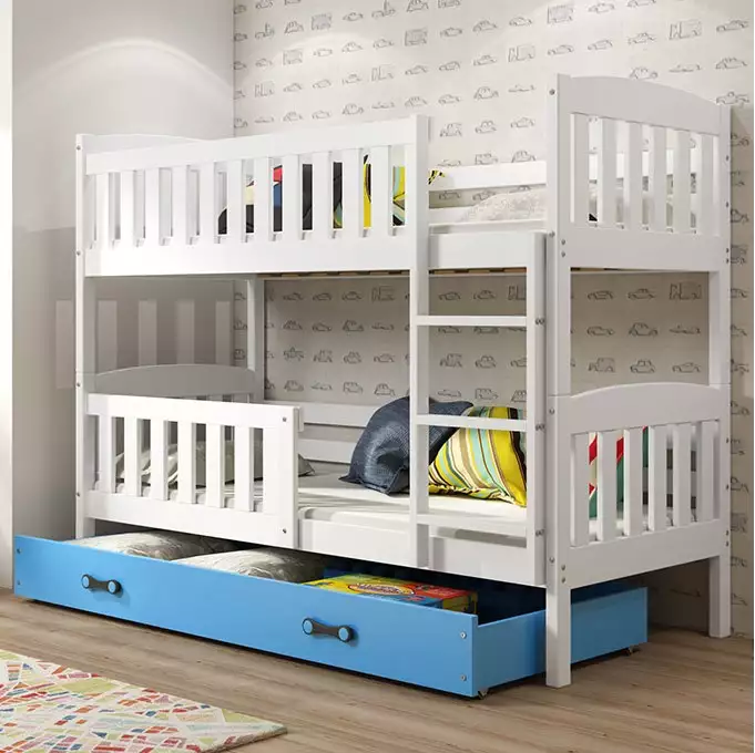 KUBUŚ youth bunk bed 90x190 with mattress and drawer, white/blue