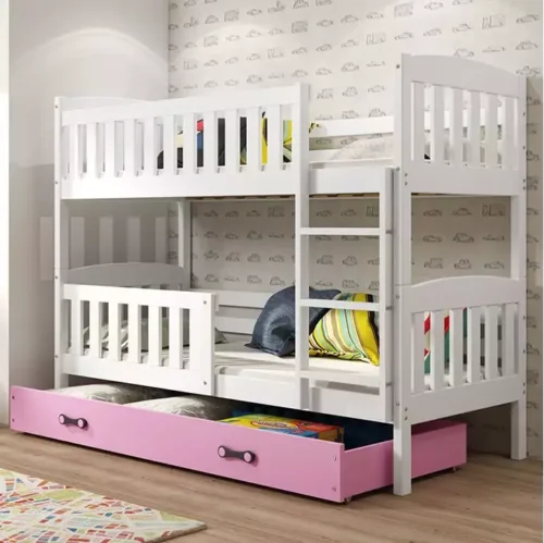 KUBUŚ youth bunk bed 90×200 with mattress and drawer, white/pink
