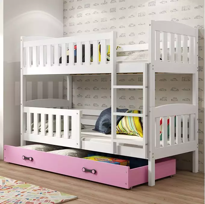 KUBUŚ youth bunk bed 90x200 with mattress and drawer, white/pink