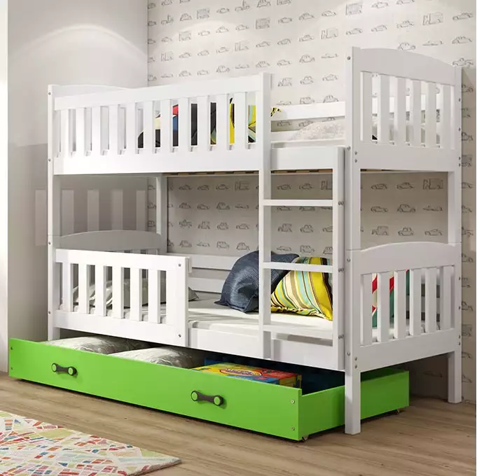 KUBUŚ youth bunk bed 90x190 with mattress and drawer, white/green