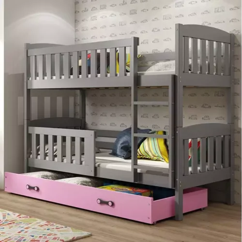 KUBUŚ youth bunk bed 90×200 with mattress and drawer, graphite/pink