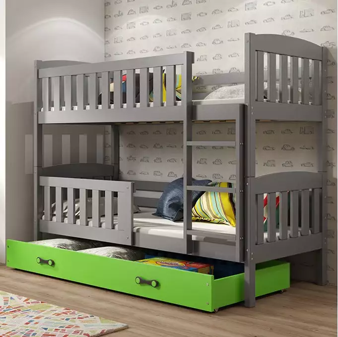 KUBUŚ youth bunk bed 90x190 with mattress and drawer, graphite/green