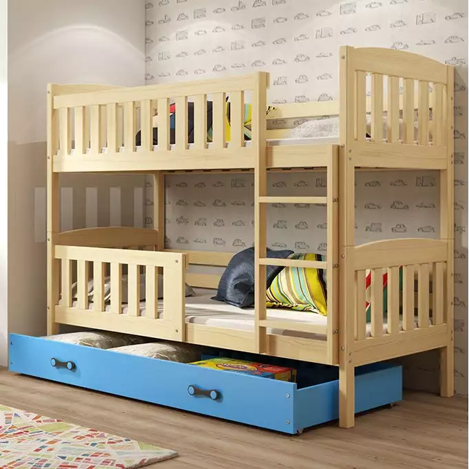 KUBUŚ youth bunk bed 90x190 with drawer, pine/blue
