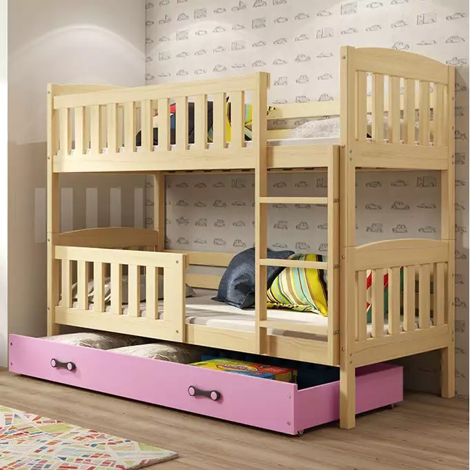 KUBUŚ youth bunk bed 90x200 with mattress and drawer, pine/pink