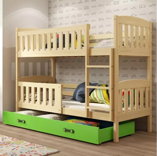 KUBUŚ youth bunk bed 90×190 with mattress and drawer, pine/green