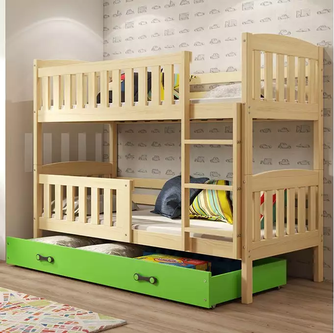KUBUŚ youth bunk bed 90x200 with mattress and drawer, pine/green