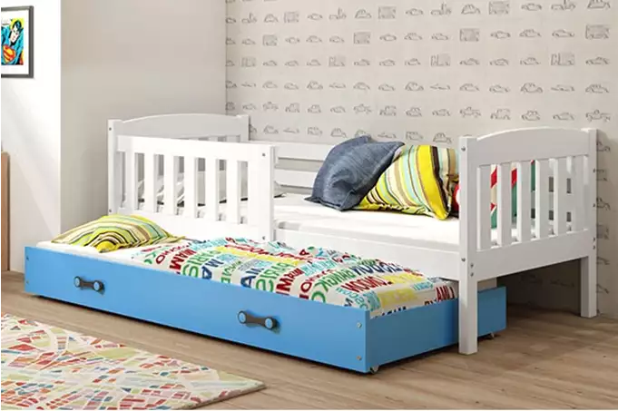 KUBUŚ youth folding bed 90x190 with mattress and drawer, white/blue