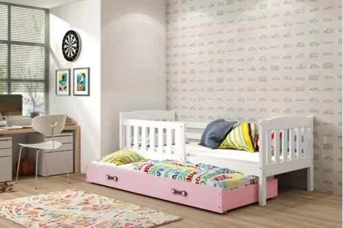 KUBUŚ youth folding bed 90×190 with mattress and drawer, white/pink