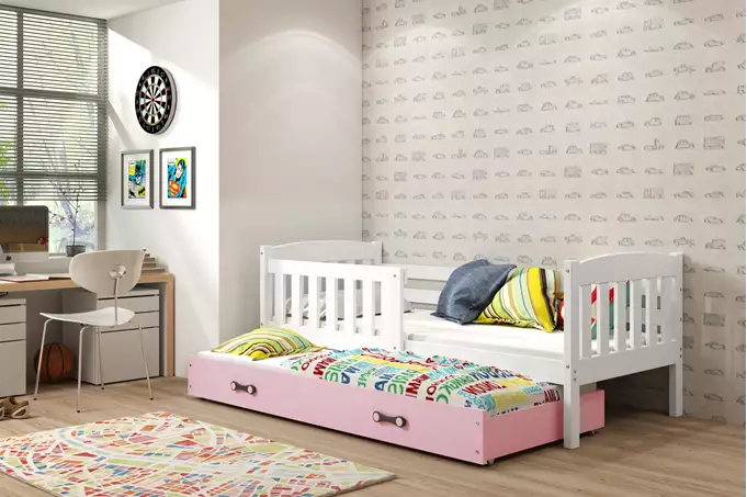 KUBUŚ youth folding bed 90x190 with mattress and drawer, white/pink