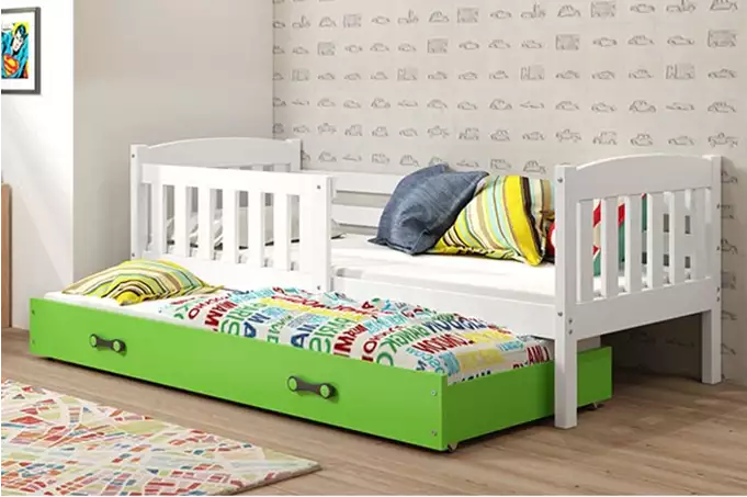 KUBUŚ youth folding bed 90x190 with mattress and drawer, white/green