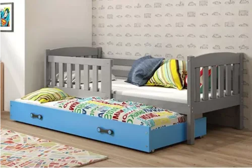 KUBUŚ youth folding bed 90×190 with mattress and drawer, graphite/blue