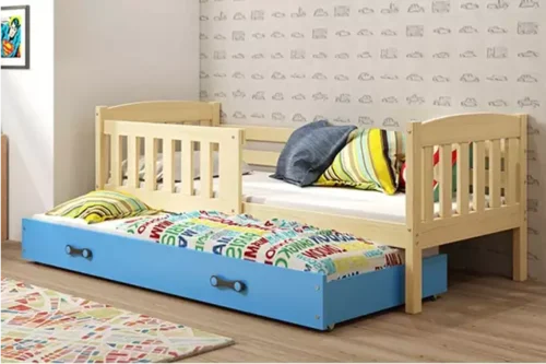 KUBUŚ youth folding bed 90×190 with mattress and drawer, pine/blue