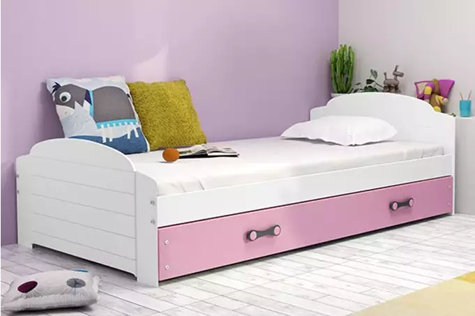 LILI single youth bed 90x200 with mattress and drawer, white/pink