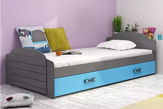 LILI single youth bed 90x200 with mattress and drawer, graphite/blue