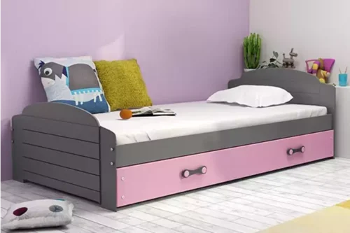 LILI single youth bed 90×200 with mattress and drawer, graphite/pink