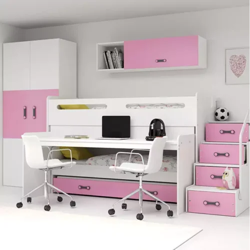 MAX 1 80X200 three-person youth bed with mattress and table, pink