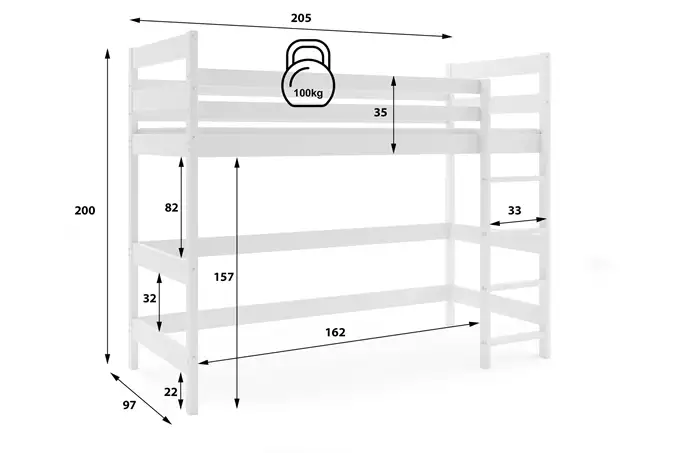 Bunk bed for youth, mezzanine, 90x200, with mattress, white - Image 2