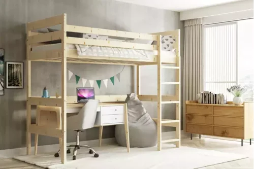 Bunk bed for young people on the mezzanine 90×200, with mattress, natural wood