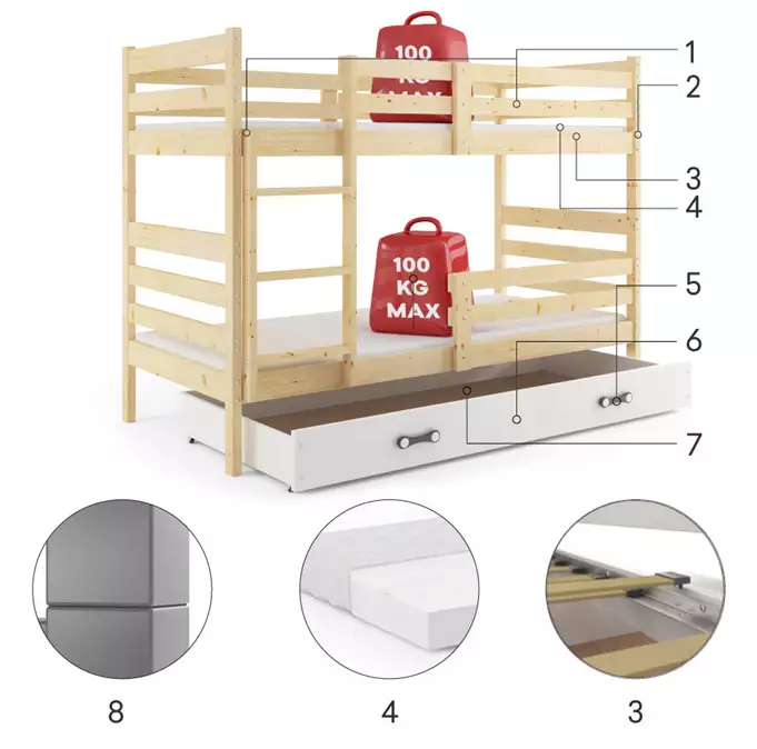 ERYK 90X190 youth bunk bed with mattress and drawer, natural wood - Image 3