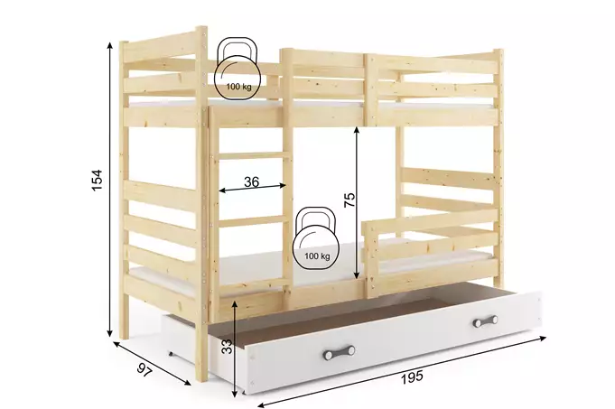 ERYK 90X190 youth bunk bed with mattress and drawer, natural wood - Image 2