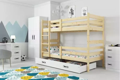 ERYK 90X190 youth bunk bed with mattress and drawer, natural wood