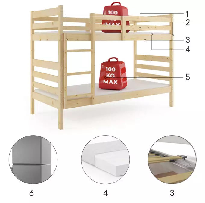 Eryk youth bunk bed 90x190, with mattress, natural wood - Image 4